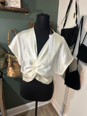 House of Harlow 1960 Cream Satin Top with Gold Tag Accent